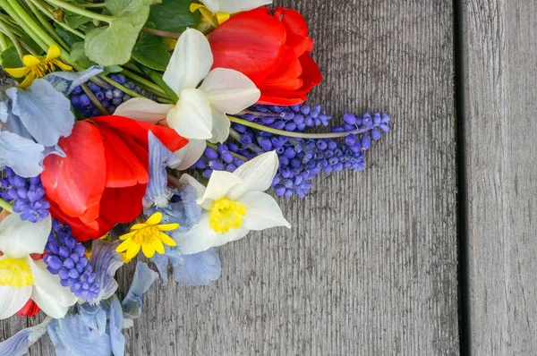 春の花の花束木の背景にテキストのためのコピースペース — ストック写真