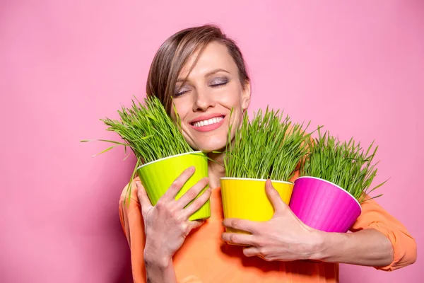 Young Beautiful Woman Wheatgrass Flower Pots Brigh Pink Background Spring — 스톡 사진