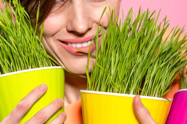 Young Beautiful Woman Wheatgrass Flower Pots Brigh Pink Background Spring — 스톡 사진