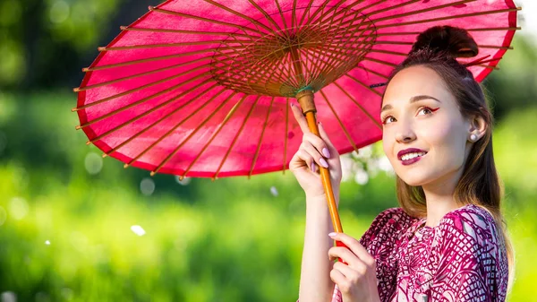 Japanese Woman Kimono Umbrella Beauty Asian Girl Bright Make Art — Stock Photo, Image