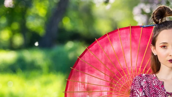 Japanse Vrouw Kimono Met Paraplu Schoonheid Aziatische Meisje Met Een — Stockfoto