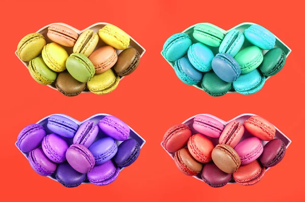 Tortenmacaron Oder Makronen Auf Rotem Rosa Hintergrund Von Oben Bunte — Stockfoto