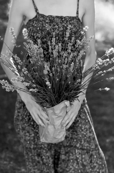 Beautiful Woman Lavender Flowers Hand Green Natural Background — Stock Photo, Image