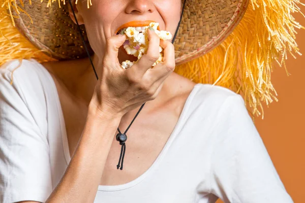 Beautiful Funny Woman Eating Popcorn Orange Background — Stock Photo, Image