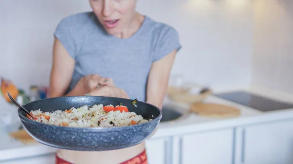 Young Woman Going Eat Rice Vegetables Smelling Delicious Aroma Just — Stok fotoğraf