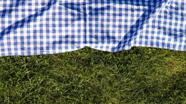 Green Grass Blue Checked Picnic Cloth Blanket Top View Background — Stock Photo, Image