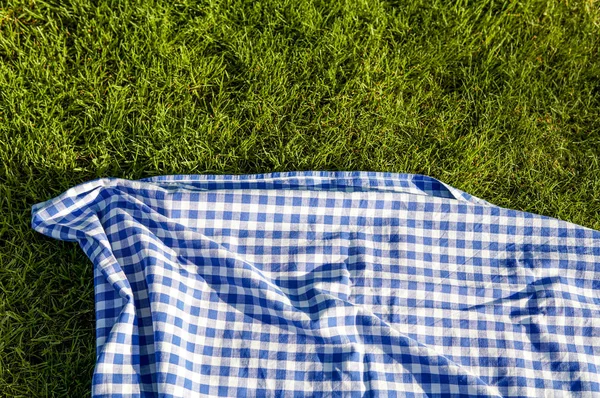 Green Grass Blue Checked Picnic Cloth Blanket Top View Background — Stock Photo, Image