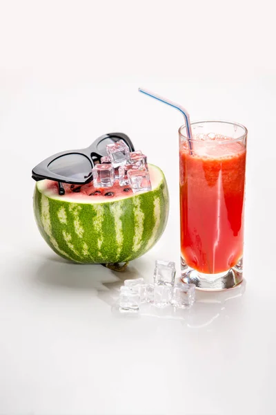 Fashion Food Concept Watermelon Juice Smoothie Sunglasses Pieces Ice White — Stock Photo, Image