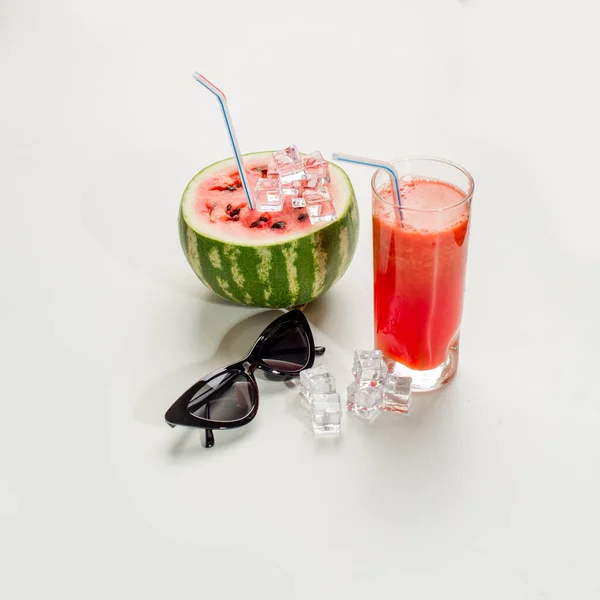 Watermelon Juice Straw Summer Concept Romantic Couple Entertaining Event Home — Stock Photo, Image