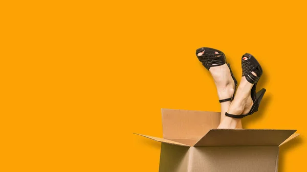 Beautiful Woman Parcel Cardboard Box Legs Stucking Color Background Commerce — Stock Photo, Image