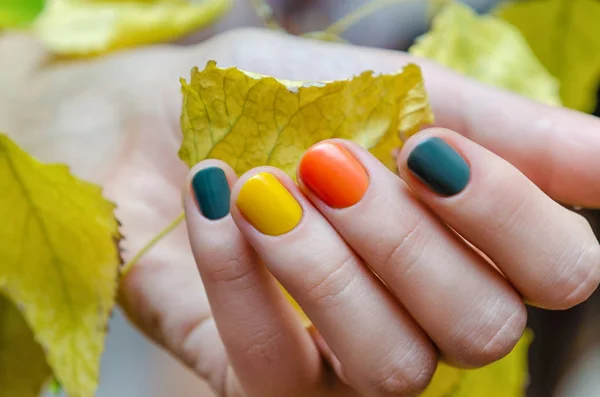 Female hands with colored fall nail design. — Stock Photo, Image