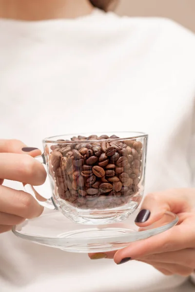 Coffee Beans Glass Cup Female Hands — Stock Photo, Image