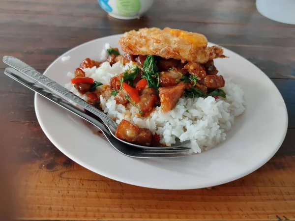 Renyah perut babi dengan kemangi Thailand dan telur goreng di atas nasi — Stok Foto