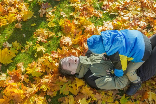 Padre e hijo familia juguetón lucha retrato aéreo en amarillo y naranja otoño caído hojas cubierta de tierra —  Fotos de Stock