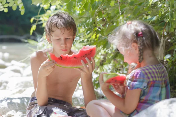 Sommerpicknick mit Wassermelone von zwei glücklichen Geschwistern — Stockfoto