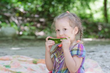 Küçük kız plaj pikniğe sulu karpuz dilimi ısırmak örgülü