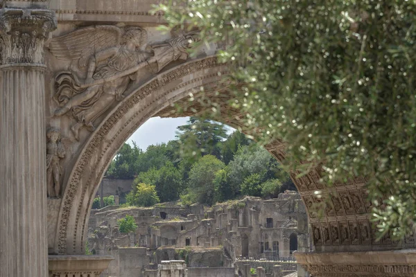 View of Palatine Hill ancient ruins through the Arch of Septimius Severus in Roman Forum — Stock Photo, Image