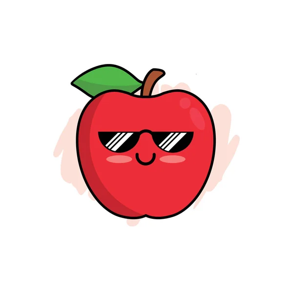Cartoon Cute Apple Character Design Apple Icon Sunglasses Illustration Template - Stok Vektor