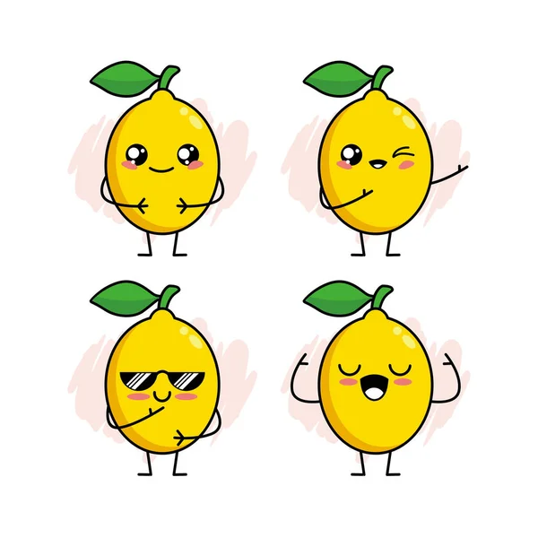 Set Cartoon Cute Lemon Character Design Lemon Icon Illustration Template - Stok Vektor