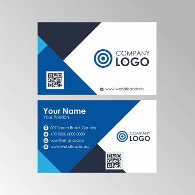 qr kod dizaynlı basit düz geometrik mavi ve siyah kartvizit, profesyonel isim kartı şablonu