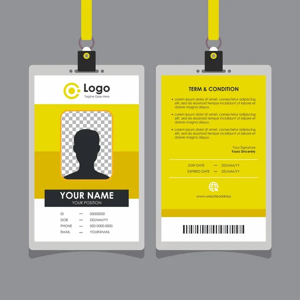 简洁明了的黄色身份证设计 员工及其他人专用身份证模版传送器 — 图库矢量图片