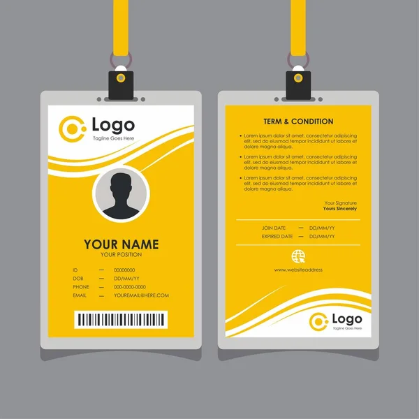 シンプルなクリーン波黄色新鮮なIdカードデザイン 従業員や他のための専門的なアイデンティティカードテンプレートベクトル — ストックベクタ