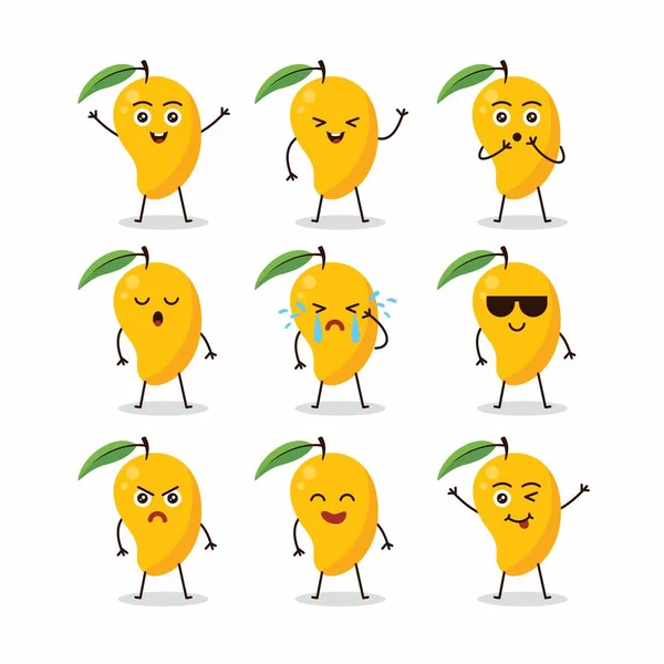 Roztomilý Mango Ovocné Znakové Sady Ilustrace Design Šablony Vektor — Stockový vektor