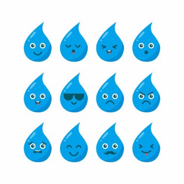 Şirin düz mavi su karakteri çizim dizaynı, su çizgi filmi emoji karakterleri vektör şablonu