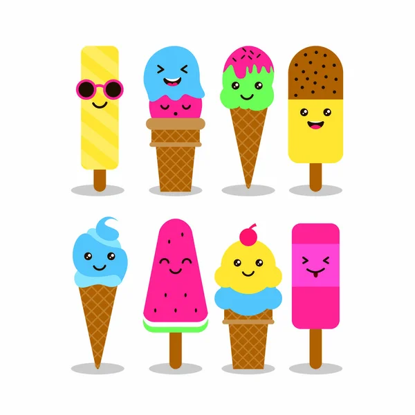 Cute Flat Ice Cream Character Set Illustration Design Soft Color — 스톡 벡터