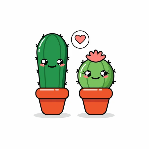 Roztomilý Pár Kaktusových Znaků Design Pouštní Rostliny Květináče Ilustrační Šablona — Stockový vektor