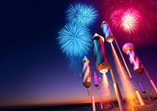 Lancio di razzi fuochi d'artificio — Foto Stock