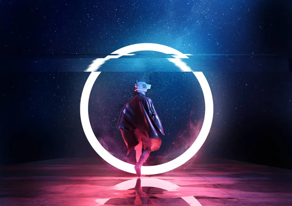 Retro Future. A futuristic spaceman walking thorugh a circle — Stock Photo, Image