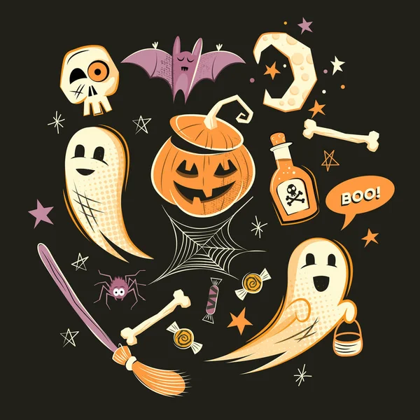 Decoraciones y personajes de Halloween — Vector de stock