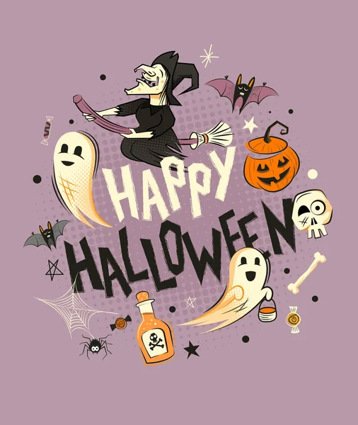 Fröhliche Halloween-Dekorationen und lustiger Charakter — Stockvektor