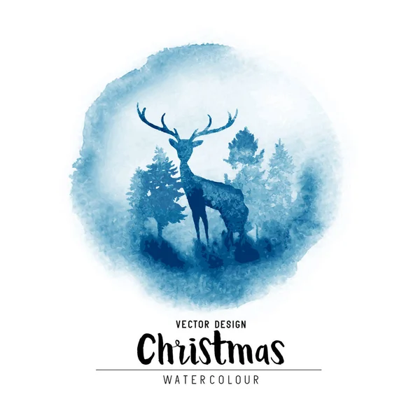 A winter Christmas watercolor scene with christmas trees and a stag — Stock Vector