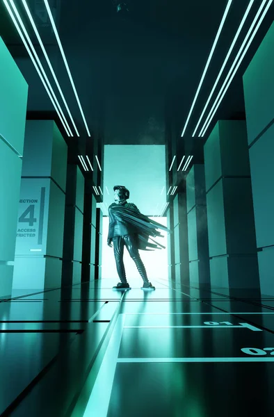 Spaceman Standing Inside a Futuristic Corridor — Stock Photo, Image