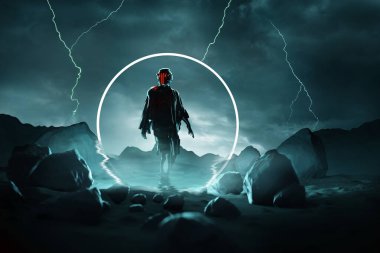 Düşman varışı. Fütürist bir uzay adamı fırtınalı bir gezegen yüzeyine geliyor. Kavramsal 3B illüstrasyon.