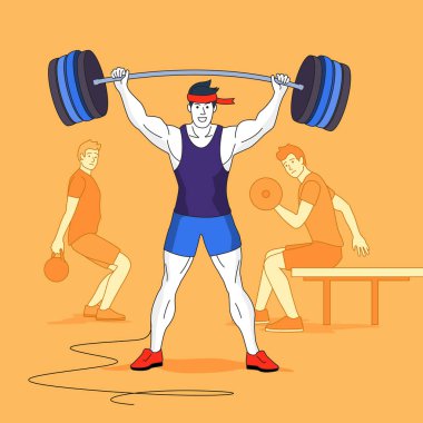 Spor salonunda çalışan süper güçlü bir adam ve diğer erkekler izliyor. İnsanlar konsept illüstrasyonu.