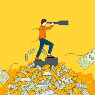 Takip hiç bitmeyecek. Teleskop kullanarak servet arayan bir adam sayılamayacak kadar zengin olmasına rağmen. İnsanlar vektör illüstrasyonu kavramını.