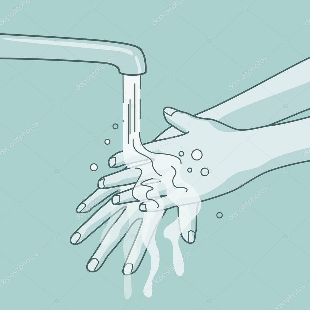 A women washing her hands under a running tap. Vector illustration