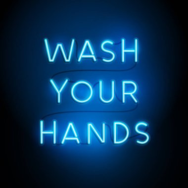 Ellerini mavi neon harflerle yıka. Vektör illüstrasyonu