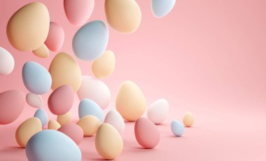 Pastel renkli paskalya yumurtaları. Paskalya arkaplan düzeni, 3 boyutlu illüstrasyon.