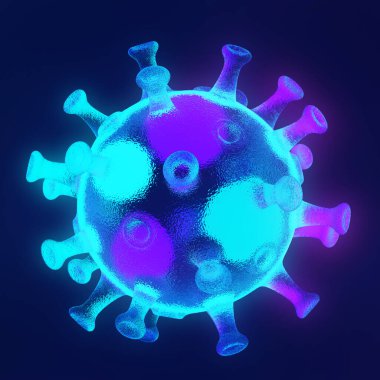 Covid-19 Coronavirus konsepti, parlayan ve şeffaf Cyan ve mor virüs. 3B illüstrasyon.