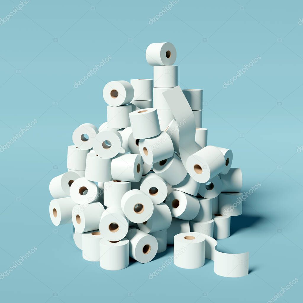 A huge stockpile of toilet rolls. Coronavirus Covid-19 virus infection causing panic buying of loo roll. 3D illustration concept.
