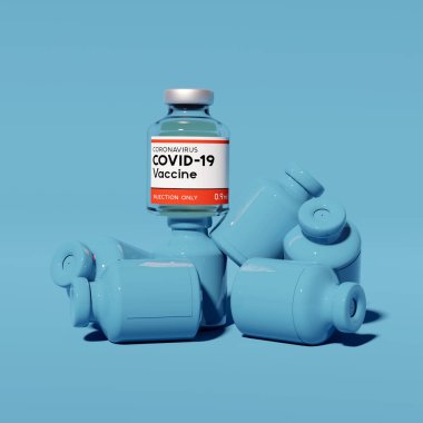Bir şişe Covid-19 Coronavirus aşısı birikti. Tıbbi araştırma çağdaş geçmişi. 3B illüstrasyon.