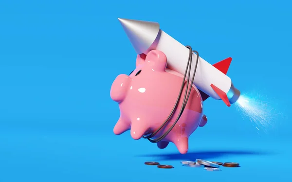 Tömegesen Feltöltöd Megtakarításaidat Egy Rózsaszín Malacpersely Egy Rakétához Szíjazva Kilövi — Stock Fotó