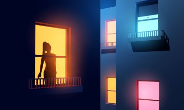 Covid-19 tecridi sırasında gece yarısı aydınlık dairesinin penceresinden dışarı bakan bir kadın silueti. Koronavirüs yüzünden kendini tecrit ve tecrit. Vektör illüstrasyonu