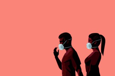 Covid-19 Coronavirus salgınında koruyucu yüz maskeleri takan bir çift. Mesaj ve mesajlar için yer var. Vektör illüstrasyonu