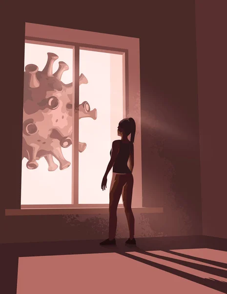一个女人凝视着窗外 在自我隔离中看着巨大的病毒从她的窗前经过 Covid 19锁定精神健康概念 矢量说明 — 图库矢量图片