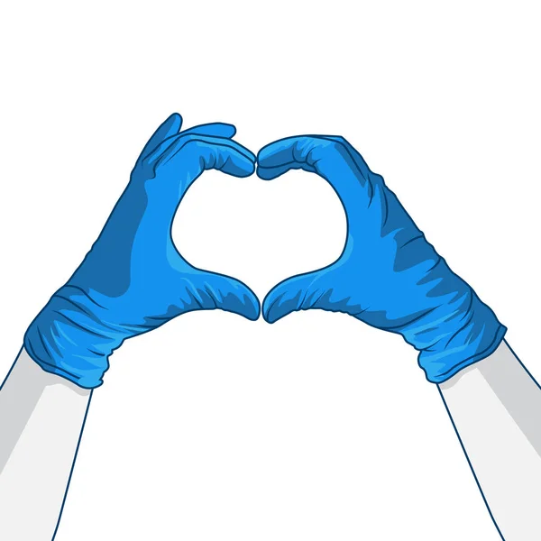 Ppe保護ラテックスブルーの手袋を着用しながら 心の愛のシンボルを作成する手のジェスチャー 医療スタッフがベクターイラストを尊重 — ストックベクタ